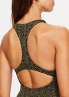 THE UPSIDE women's green Orchard Lia Onesie is made with textured jacquard fabric, designed for a firm fit. This onesie features a 3 inch leg and inner shelf bra, ideal for yoga.