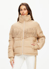 THE UPSIDE women’s khaki Fairbanks Fox Puffer Jacket is made from recycled fabric. The water resistant Puffer Jacket features western fringe trim and zip pockets. Designed for Après-ski and winterwear.