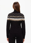 THE UPSIDE women’s black Fairbanks Blanche Half Zip is made from organic cotton. The high neck top features knitted fair isle pattern. Designed for Après-ski and winterwear.