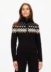 THE UPSIDE women’s black Fairbanks Blanche Half Zip is made from organic cotton. The high neck top features knitted fair isle pattern. Designed for Après-ski and winterwear.