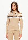 THE UPSIDE women’s khaki Fairbanks Blanche Half Zip is made from organic cotton. The high neck top features knitted fair isle pattern. Designed for Après-ski and winterwear.