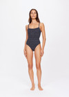 THE UPSIDE women's navy Caleta Lara Onepiece is made from specialty fabric with gold lurex and features a square neckline with scoop back, rouleau straps and is unlined.