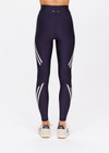THE UPSIDE women's navy Cordoba 25 inch Midi Pant is made from a eco tech performance fabric making the pant breathable and quick drying. The mid rise pant features a printed white stripe down the leg creating a sporty chic look. Designed for the gym and running.
