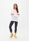 THE UPSIDE women's white Muse Chesca Long Sleeve Knit is made from organic cotton. The long sleeve knit has a relaxed silhouette with a soft ribbed neckline, cuffs and hem. Designed for walking and recovery.