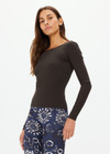 THE UPSIDE women's black Tyra Scoop Back Long Sleeve Top is a fitted long sleeve in soft modal rib with a scooped lower back. Designed for light movement such as yoga and walking.