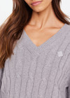 THE UPSIDE women's grey Seymour Cable Knit Sweater is made from organic cotton. Featuring a V shape neckline and ribbed cuffs, hem and neckline for comfort and style. Designed for leisure and recovery.