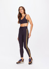 THE UPSIDE women's black Beaufort Harley Scoop Bra is made from recycled soft peached fabrication with a brushed handfeel for a breathable and quick drying effect. The sports bra has a scoop front and back neckline and elasticated underbust with removable cups for comfort and yellow stripes down the side for style. Designed for the gym and running.