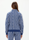 THE UPSIDE women's blue striped Joie Pari Zip Jacket is a jacquard zip through sports jacket, featuring knitted navy and cream stripe tape down sleeves for style and welt pockets and ribbed hem and cuffs for comfort. Designed for leisure and recovery.