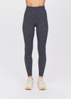 THE UPSIDE women's navy Caleta 25 inch Midi Pant is in our speciality fabric with gold lurex. The mid rise midi pant is designed for everyday movement from yoga to running.