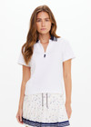 THE UPSIDE women's white Renshaw Luma Zip Collared Polo is made from organic cotton. The boxy fit pique polo features navy ribbed collar. Designed for tennis and pickleball.