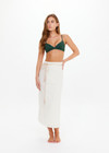 THE UPSIDE women's cream Beach Serenade Wrap Sarong is made from cotton. The beach sarong skirt features vegan leather braided belt. Designed for layering and travel.