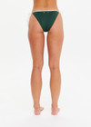 THE UPSIDE women's green Sunbathing in Capri Tie Pant is made from recycled fabric. The tie side bikini bottom features contrast cream tie. Designed for swim.