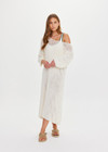 THE UPSIDE women's cream Dusty-Ray Crochet Dress is made from organic cotton. The maxi dress features boat neck and 3/4 sleeve. Designed for lounging and layering.