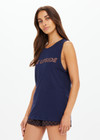THE UPSIDE women's navy Jeet Tank Top is a 100% organic cotton jersey, featuring a relaxed fit with the Upside logo printed at the front.