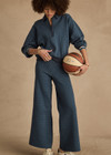 THE UPSIDE women's blue organic cotton Lumiere Dillon Knit Pant is designed for a relaxed fit and features a soft elasticated waist in a geometric star design. Made for lifestyle.