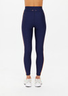 THE UPSIDE women's navy Oxford 25in Legging is designed for high impact with a breathable, moisture wicking recycled fabrication. Featuring a striped elasticated draw cord waist.