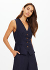 THE UPSIDE women's navy pinstripe merino Wool Jackie V Neck Waistcoat is a fully lined slim fitting suiting fabrication with an adjustable waist belt at the back.