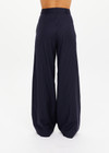 THE UPSIDE women's navy pinstripe merino Wool Mira Wide Leg Pant features a flat waistband with belt loops and side pockets.