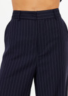 THE UPSIDE women's navy pinstripe merino Wool Mira Wide Leg Pant features a flat waistband with belt loops and side pockets.