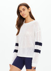 THE UPSIDE women's creme organic cotton Fenway Sebastian Knit Crew is designed for a relaxed fit and features ribbed neckline and cuffs with The Upside 7 logo on back.