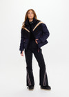THE UPSIDE women's navy Hakuba Fox Puffer Jacket is a true-to-size fit, featuring a water-resistant coating, fringed detailing, fleece-lined zip pockets and an adjustable elastic at hem. Designed for Après-ski and winter wear.