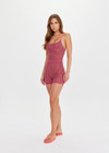 THE UPSIDE women's pink check Aliki Kiva Bodysuit features elastic straps, low cross back, and inner shelf bra with removable cups. Made for yoga and pilates.