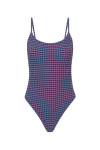 THE UPSIDE women's purple check Aliki Flow Onepiece has low coverage with a scoop front and back neckline and adjustable elastic straps. Made for swim.