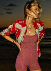 THE UPSIDE women's red Palma Bobbi Collared Shirt features sleeve plackets, pearlised buttons, and cream crochet lace panels. Perfect for travel or lifestyle.