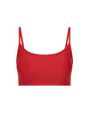 THE UPSIDE women's red eco tech Oxford Hutton Scoop Bra offers support and comfort with cream side stripes, adjustable straps, removable cups, and shelf bra. Made for high impact.