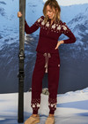 THE UPSIDE women’s maroon organic cotton Le Ski Jojo Knit Jogger features a soft knitted waistband with braided tassel drawcord, side pockets and snowflake design at ankles. Designed for Après-ski and winter wear.