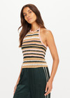 THE UPSIDE women's stripe Bohemia Sal Crochet Halter Top is true to size with a tie keyhole back and striped design in pink, tan, cream, and green. Made for lifestyle.