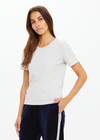 THE UPSIDE women's grey Joy Tee is slim fit in organic cotton jersey with soft ribbed neckline and embroidered horseshoe logo at front chest. Made for lifestyle.