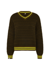 THE UPSIDE women's olive organic cotton Castilla Clementine Knit Crew is designed for a relaxed fit and features a high V neckline with lime-striped rib. Made for lifestyle.