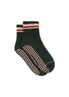 THE UPSIDE women's green Tamara Grip Sock features a soft terry sole, mid ankle height and pink stripe details. Made for yoga & pilates