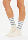 THE UPSIDE women's cream Isadora Crew Sock features jacquard stripes in lime and blue. Made for everyday.