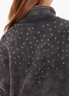 THE UPSIDE women's washed black Cosmic Carmen Moto Jacket is designed for a relaxed fit and features silver meta snap buttons, welt pockets and a soft elasticated hem. Perfect everyday outerwear piece.