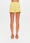 THE UPSIDE women's yellow organic cotton Goldie Malik Crochet Short is designed for a regular fit and features a hand crocheted flower design & an elasticated waist with tassel drawcord.