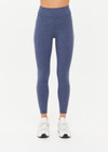 THE UPSIDE women's blue Bowery 25Inch Legging features ultraflex recycled fabrication with a mid-rise and cream embroidered stripes down side seams. Made for yoga and pilates.