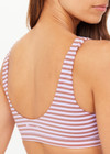 THE UPSIDE women's stripe jacquard Miami Scoop Neck Jasmine Bra features a low scooped neckline in a lilac and chocolate striped design, with removeable cups. Made for swim.