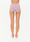 THE UPSIDE women's stripe jacquard Miami Fox Bikini Shortie is a mid-rise, fully lined bikini short in a lilac and chocolate striped design. Made for swim.
