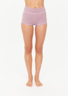 THE UPSIDE women's stripe jacquard Miami Fox Bikini Shortie is a mid-rise, fully lined bikini short in a lilac and chocolate striped design. Made for swim.