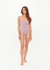 THE UPSIDE women's stripe jacquard Miami Flow Scoop One Piece features adjustable elastic straps with a scoop neckline in a striped lilac and chocolate design. Made for swim.