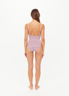 THE UPSIDE women's stripe jacquard Miami Flow Scoop One Piece features adjustable elastic straps with a scoop neckline in a striped lilac and chocolate design. Made for swim.