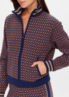 THE UPSIDE women's brown organic cotton Lumiere Margot Knit Jacket is a knitted long sleeve with a geometric star pattern, front pockets and contrast stripes around the sleeves. Made for lifestyle.