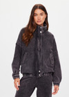 THE UPSIDE women's washed black Cosmic Carmen Moto Jacket is designed for a relaxed fit and features welt pockets and a soft elasticated hem. Perfect everyday outerwear piece.