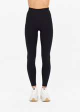 THE UPSIDE women's black Peached 25in Midi Pant is a mid-rise 7/8 length legwear made from recycled soft peached fabric with breathable and moisture-wicking fabrics.