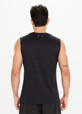 THE UPSIDE mens Quick Dry Keanu Muscle Tank in Black is a slim fit muscle tank made from a recycled dri release fabrication that is sweat wicking and quick drying.