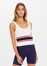 THE UPSIDE Panama Ophelia Knit Top in White is a sustainable organic cotton scoop neck knitted tank with a rib knit hem and red and navy knit stripes.