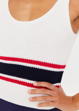 THE UPSIDE Panama Ophelia Knit Top in White is a sustainable organic cotton scoop neck knitted tank with a rib knit hem and red and navy knit stripes.