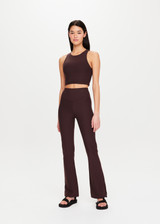 THE UPSIDE Peached Florence Flare in Dark Brown is a sustainable high-rise full length flare pant with a “V” shaped waistband detail and printed arrow logo at back waistband.